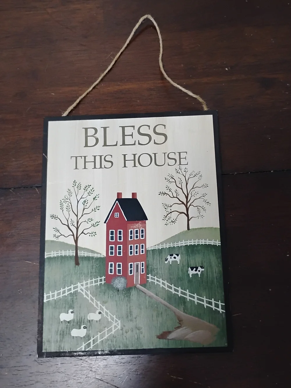 Bless This House Red Farmhouse Wall Sign Hanging Picture 11x8.5 Primitive Cows
